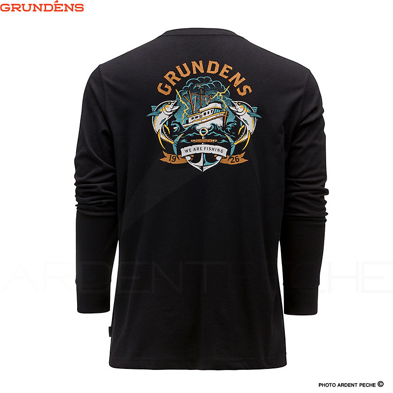 Grundens Tech L/S Homme - Tee-shirt Manches Longues Bleu Aquatique Pour La Pêche, Anti-odeur Et Respirant